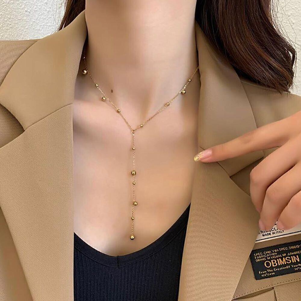 18K Gold Plated Dainty Beaded Y Lariat Necklace - Picture 1 of 11